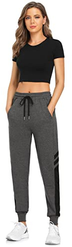 Pantalon de Jogging Femme Cotton Longue Survetement Femmes Vêtements de Sport Sportswear Pantalon de Sport Taille Elastique Drawstring pour Sport Yoga Fitness Casual Gym Running Gris Foncé L