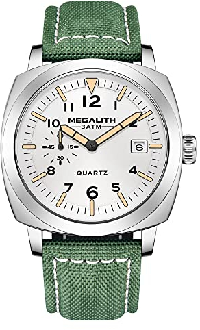 MEGALITH Herrenuhr Militär Uhr Sport Outdoor Wasserdicht Armbanduhr Herren Lederarmband Großes Zifferblatt Quarz Uhr mit Leuchtende Kalender Datum Mode Uhren für Männer Weiß