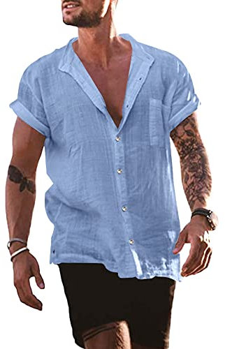 YAOBAOLE Linen Cotton Casual Beach Shirts Men's Short Sleeve Grandad Shirt Light Blue 3XL