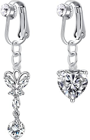 VCMART 2 pièces faux nombril anneaux non percé nombril barre Clip sur avec coeur papillon balancent Faux Piercing bijoux