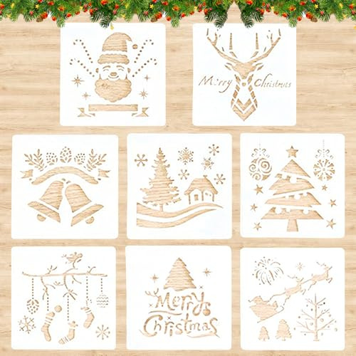 8 Stück Weihnachten Schablone, Malerei Schablonen Weihnachten Malvorlagen, Malschablonen aus Kunststoff, Wiederverwendbar DIYSchablonen für Weihnacht zum Gestalten von Grußkarten