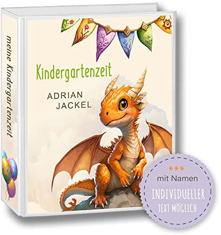 Kindergarten Ordner personalisiert mit Namen und Wunschtext Cut Dragons Orange Dinosaurier A4 - Meine Kindergartenzeit Kindergartenordner Portfolioordner Sammelordner Junge Mädchen
