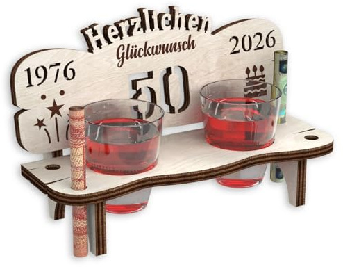 Urhome Schnapsbank mit Jahreszahl 50 Gravur zum Geburtstag, Jubiläum, Jahrestag aus Holz - 2 Schnapsgläser - 50 Jahre Hell Braun