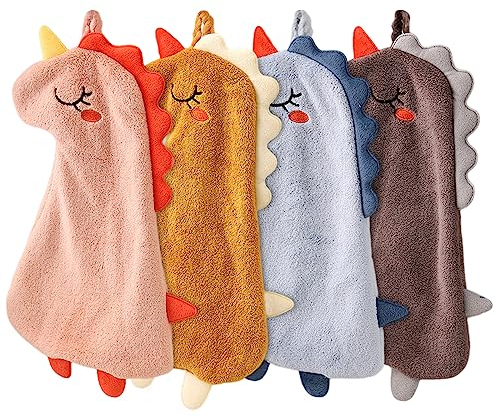 Qixuer Handtücher für Kinder, 4 Stück Tier Kinderhandtuch Set Kleine Dinosaurier Form Mikrofaser Handtuchset Schnell Trocknende Waschlappen mit Aufhängeöse Duschtuch für Küche