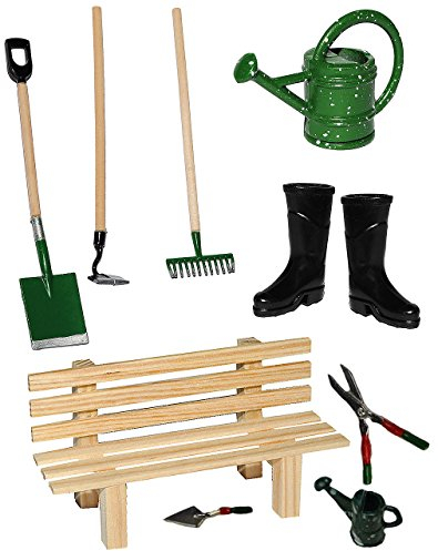alles-meine.de GmbH 10 TLG. Set: Gartengeräte + Gummistiefel + Gießkanne + Gartenbank - Miniatur - Maßstab 1:12 - für Puppenstube - Puppenhaus - Garten Deko - Klein - Kleingarten..