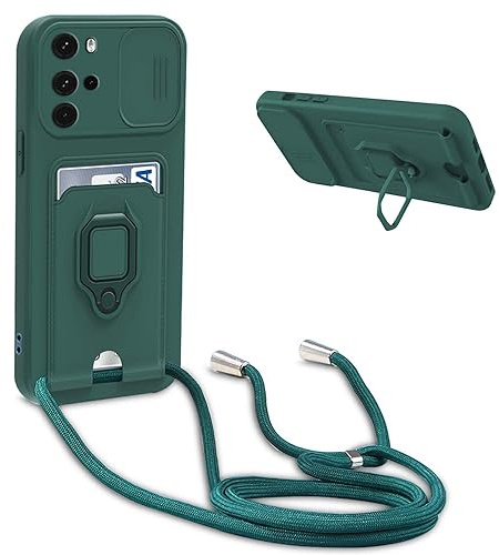 YFSYLL Funda con Cuerda Compatible con Motorola Moto G22,Ajustable Collar de Cuello Cordón Carcasa de Silicona,Protección de la cámara Funda,Anillo Soporte,Ranuras para Tarjetas,Verde Oscuro