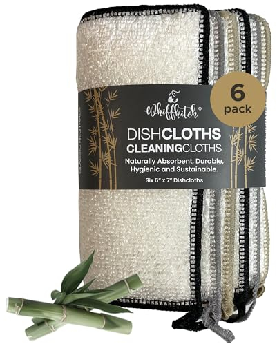 Whiffkitch Bamboo Fiber Dishcloths & Cleaning Cloths - Reusable, Quick Drying, Hygienic, Durable Kitchen Dishcloths, Essential for Washing Dishes, Absorbent, Scrub-Non-Scratch, 6 Pack - Neutral