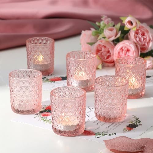12 Stück rosa Teelichthalter aus Glas - Deko für den Valentinstag, Teelichthalter für Tischdekorationen, Kerzenhalter aus Glas für Hochzeitsdekorationen
