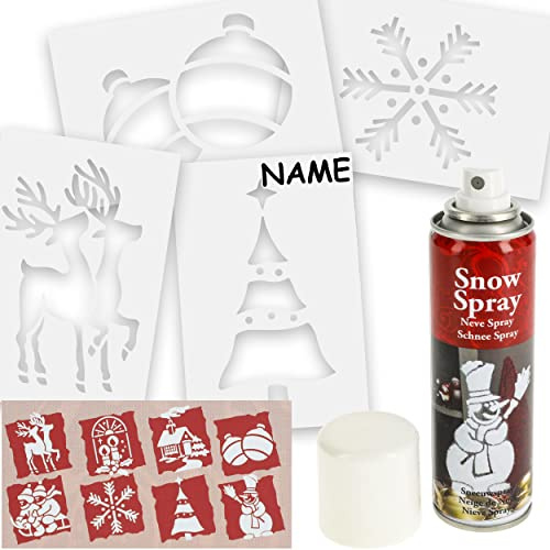 alles-meine.de GmbH Set: Schneespray Dose + 8 große Schablonen Vorlagen - Weihnachts & Wintermotive - inkl. Name - 23 cm - Kunstschnee Schneebild - für Fensterbilder Fensterstick..
