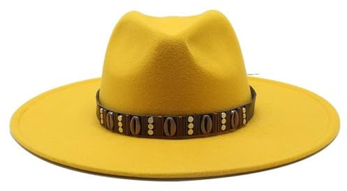 NOAMED Fengyan Hut für Damen, Panama-Derby, Kirchenhut, Vintage, große breite Krempe, Jazz-Filzhut, Winter, Herbst, Herren, Wolle, Fedora-Hüte mit Gürtel, gelb, 6 7/8-7 1/8