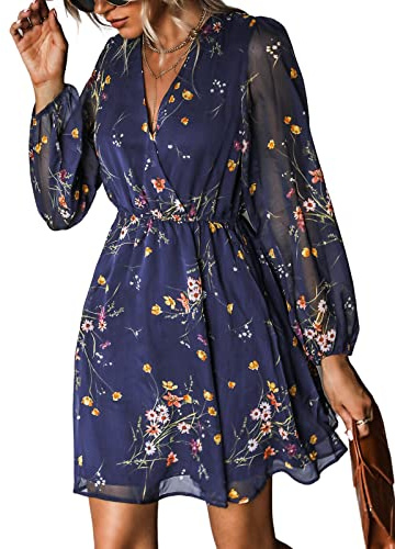 CUPSHE Women's Floral Print Chiffon A-Line Mini Dress Long Peasant Sleeves Elastic Autumn Dress Navy XXL