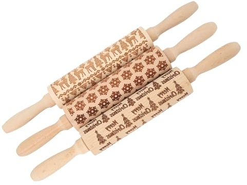 3 Stück Teigroller, Geprägtes Hölzernes Nudelholz, Geprägter Stift, Prägung, Graviertes Nudelholz, Niedliches Weihnachtsmuster, Dekor-DIY-Werkzeug Für Erwachsene