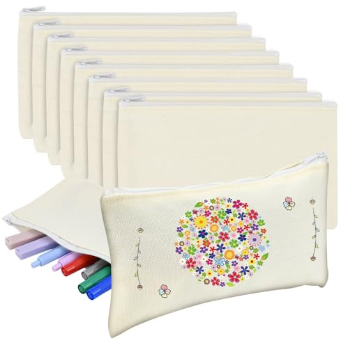 SPEACOUR 10 Stück DIY Blanko Stoffbeutel, Canvas Mäppchen, Segeltuch Kosmetiktasche, Stoff Federmäppchen, Mäppchen zum Bemalen, Weiße DIY-Basteltasche zum Malen, Reisen, Basteln, Schule – 21 x 12 cm | Reißverschluss, Baumwollcanvas, Zum Bemalen, Bedrucken, Sticken, Für Reisen, Kosmetik Und Aufbewahrung