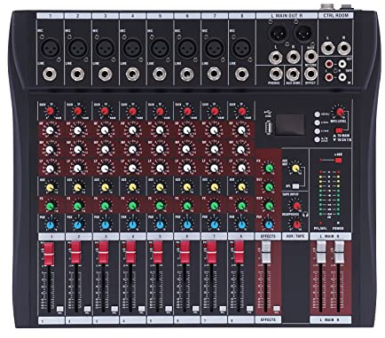 QUIOTUIR 8-Kanal Audio-DJ-Mixer Soundboard-Konsolensystem mit LED-Anzeige Bluetooth USB DJ Sound Mischkonsole MP3 Buchse 48V Power Sechs Musikstile Band Mischpulte für Bühne, Studio, DJ, Band