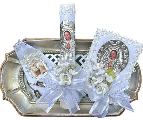 First Communion Candle Set for Girl with Lady of Guadalupe Image Silver/Regalo sorpresa de Bolos (Tiempo limitado)