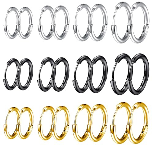 JSTHHTT 12 Paires Boucles d'Oreilles Créoles Or/Argent/Noir, Boucle d Oreille Homme Anneaux, Boucle d'Oreille Femme Creole, Boucles d'Oreilles Femme, Boucle d Oreille Homme, 8/10/12/14 mm
