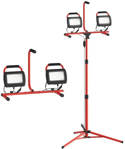 HOMCOM Foco LED Doble de Aluminio con Trípode Plegable 8500 Lúmenes IP65 6500K y Cabezas Ajustables para Trabajo Interior y Exterior Rojo y Negro