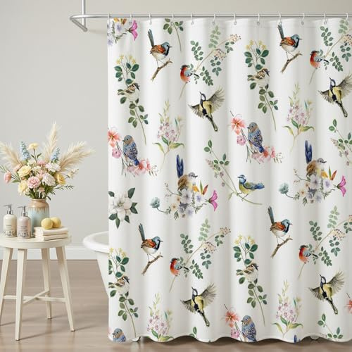 Avezano Bird Shower Curtain Floral Botanical Boho Birds Bathroom Shower Curtain Bird Farmhouse Aesthetic Waterproof Fabric Shower Curtains Bathtub Decor with 12 Hooks 72 X 72 Inch