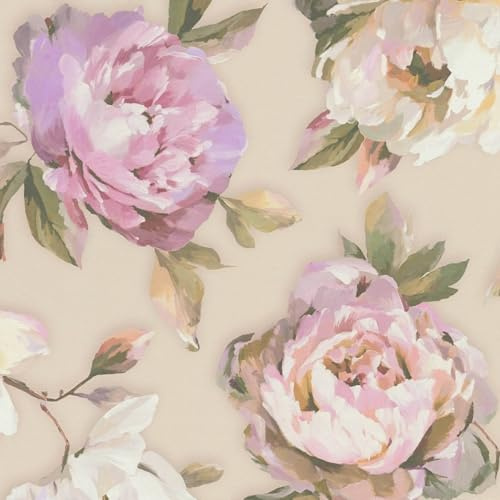 Profhome Papier Peint Floral Effet Aquarelle - Fleurs Peintes à la Main - Pourpre, Vert et Rose Vif - Tapisserie Murale Intissée Style Romantique et Bohème - 0,53 x 10,05 m - 396081-GU