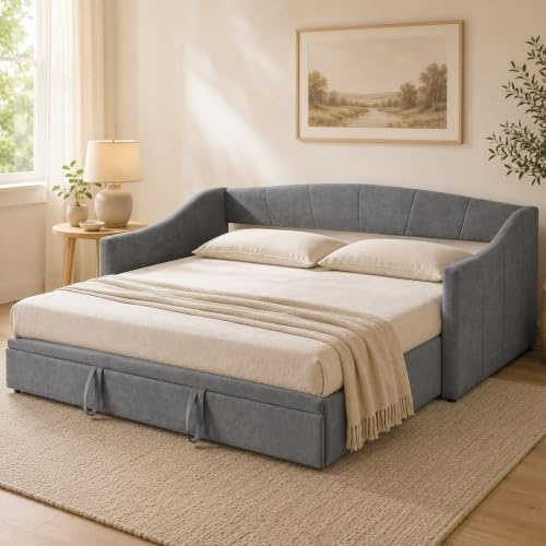 DULRLLY Schlafsofa 90/180x 200cm Breit, Tagesbett Ausziehbar mit Holzlattenrost＆Rückenlehne, Polsterbett Sofabett Ausziehbett Schlafcouch Bett für Wohnzimmer Kinderzimmer, Samtstoff, ohne Matratze