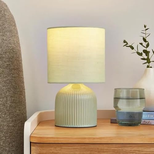 jafe Small Yet Elegant Ceramic Table Lamp for Bedside, Office, Bedroom, Living Room, Dorm, Desk, Kids Room and Reading with Minimalist Ribbed Base and Warm Fabric Satin Shade (Sage Green)