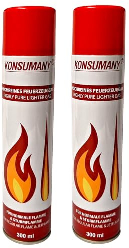KONSUMANY 2 x 300 ml Feuerzeuggas Butangas für Feuerzeuge, Sturmfeuerzeuge, Stabfeuerzeuge und Flambierbrenner