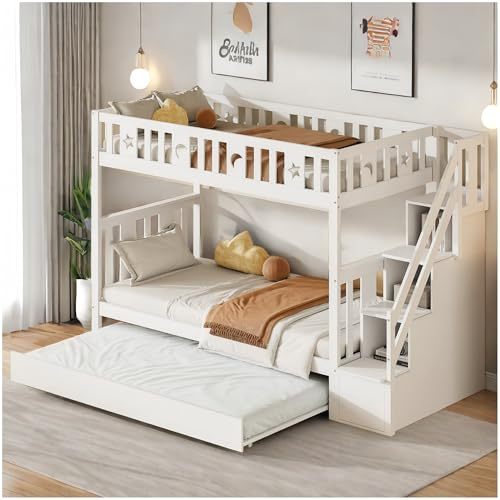 Letto a castello in legno massello 90x200 con letto estraibile e scaletta contenitore,Può essere diviso in due letto per bambini,con parapetto di sicurezza e rete a doghe (bianco-2)