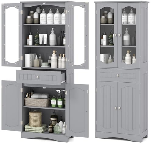 GIANTEX Mobile da Bagno a Terra, Armadietto da Bagno Alto, Mobiletto da Bagno Moderno, con 4 Ante in Vetro e 1 Cassetto, Ripiani Regolabili in Altezza, Ampio Spazio di Stoccaggio per Casa (Grigio)