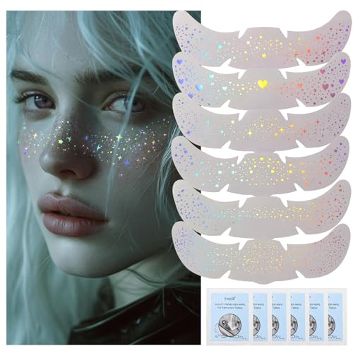 AuraFusion Festival Glitzer Tattoos – Set of 6 Holographic Glitter Freckles, Waterproof Glitter Patches, Perfect for Parties, Festivals and Makeup Accessories