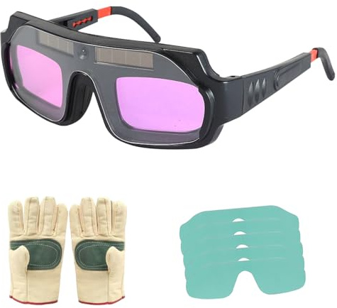 AHBLQD Welding Glasses Auto Darkening Safety Goggles Solar True Color Welder Glasses Welder Mask with Gloves and 5 Eyes Protective PC Lens Welding Helmet for TIG MIG ARC Weld Plasma Cut Grinding