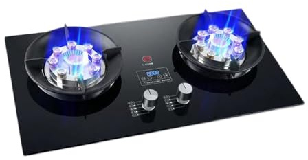 Portable Gas Stoves,5.2KW 9-Cavities Cooktop 2 Burners,Stainless Steel Glass Top Wok Burners,Dual-side Independent Timer,NG/LPG Gas Source Kit(LPG)