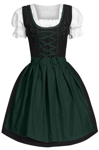 Abito Tirolese Da Donna Tradizionale Dirndl Costume Bavarniano per Feste Vestito Oktoberfest Birra Tedesca Gonna Set Gonna a Maniche Corte Costume Per Oktoberfest Di Ottobre (1-Dark Green, XL)