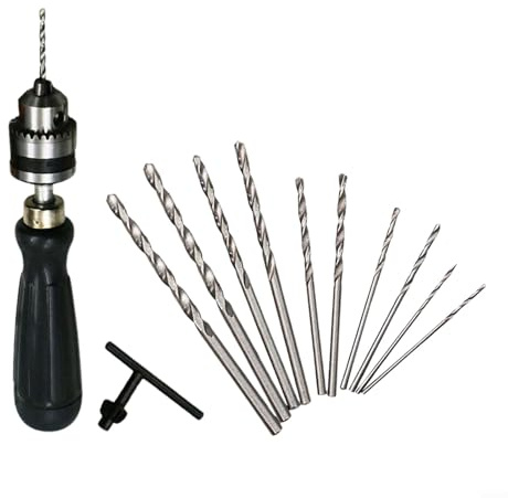 Handbohrer mit 0,6–6 mm Schnellspannbohrfutter und 10 Hartmetallbohrern für Holz, Kunststoff, PCB, Modellbau, leicht, tragbar, Aluminiumlegierung, Bastelwerkzeug, schwarz (10 Bohrer)