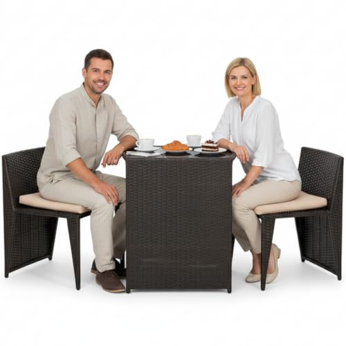Mucola Gartenmöbel Set Sitzgruppe 3-teilig Polyrattan Stühle Tisch Schwarz | Tischplatte aus 5 mm ESG-Glas, UV-beständiges Flechtwerk, pulverbeschichtetes Metallgestell, inkl. Sitzkissen, für Balkon