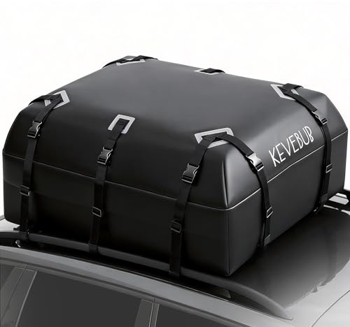 KEVEBUB Car Roof Bag - 21 Cu Ft 100% Waterproof Stormproof Rooftop Cargo Carrier - 800D PVC Roof Storage for All Vehicles With/Without Rails - Includes Anti-Slip Mat, 6 Door Hooks & Storage Bag