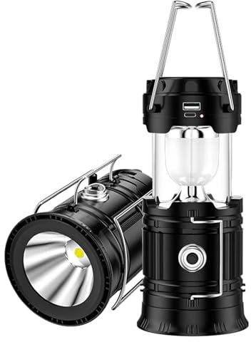 2-in-1 Camping Lantern Rechargeable Camping Lights with Solar and USB Charger, Collapsible Tent LED Light for Outdoor Camping Tent and Hiking Fishing