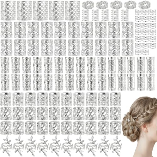JJUNW 130-pack guldperlor för dreadlocks, tillbehör för flätor, smyckesflätor, justerbara armband, hårringar för dreadlocks, smyckesdekorationstillbehör (silver)