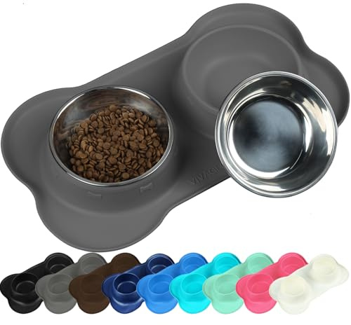 VIVAGLORY Hundenapf Splashfree Fressnapf Hund, Futternapf Hundeschüssel Silikonmatte Unterlage für Camping, Edelstahl Silikon Rutschfester rutschfest, S, Grau