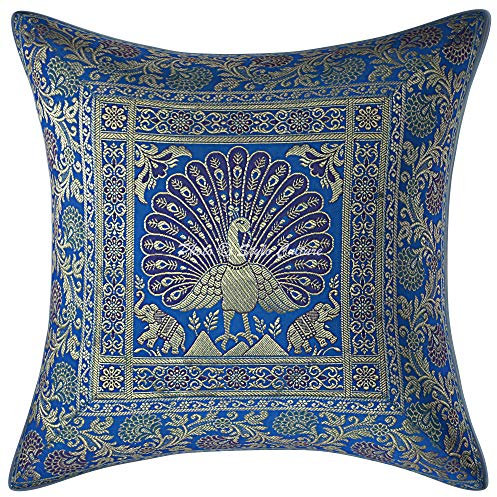 Stylo Culture Ethnico Funda Almohadon Decorativos 40x40 cm Brocado De Seda Pavo Real Fundas para Almohadones Sofa Turquesa 16x16 Inch Jacquard Cuadrado Cremallera Fundas Cojines Dormitorio - 1 Pc