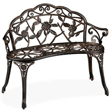 Relaxdays Gartenbank, 2 Sitzer, Rosen, Terrasse, Balkon, Alu & Gusseisen, antike Sitzbank, HBT: 78 x 99 x 52 cm, Bronze