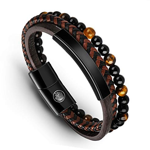 Casisto.J Lederarmband Herren Armband Männer Leder Edelstahl mit Gravur Schwarz Braun Geflochten Ärmbander mit Magnet Verschluss
