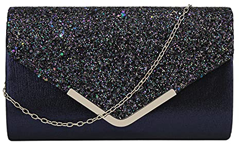 MEGAUK Damen Clutch Glitzer Elegant Abendtasche Glänzend Handtasche Envelope Tasche Strass Unterarmtasche mit Kette für Hochzeit Wedding Prom Party (Mode Dunkelblau)