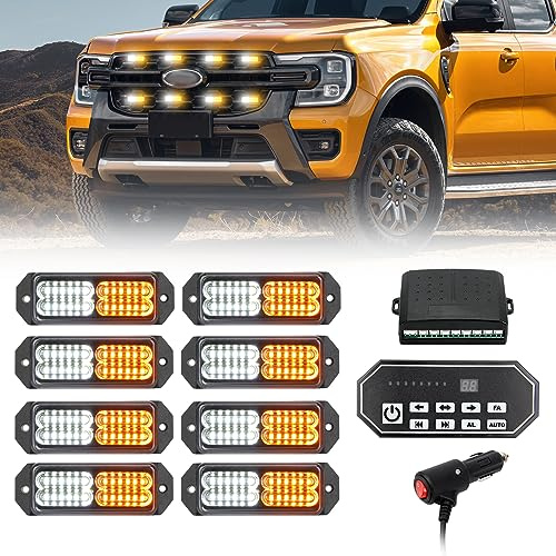 I LITTON Lot de 8 barres lumineuses stroboscopiques clignotantes blanches et ambrées, 20 modes de clignotement, interrupteur à 9 touches, lumières LED grillées, lumières stroboscopiques d'urgence pour