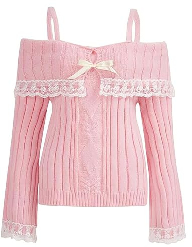 Dam Off shoulder-tröja topp Y2K estetisk långärmad spetskant stickad pullover tröja söt söt kläder, Axellös rosa, M