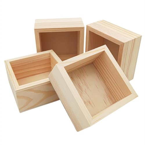 Unlackierte Aufbewahrungsboxen aus Holz, 8 x 8 x 4 cm, kleine, quadratische Holzkiste, rustikale Naturholz-Behälterbox für Zuhause, Dekoration, 4 Stück