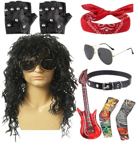 Uitseld Rocker Costume Men, Men's Rocker Heavy Metal Costume, Men Hippie Wig With Bandana Sunglasses 70s 80s Rocker Wigs Men Costume Set For Role, Carnival