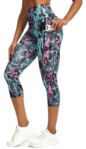 Tuspryt Sports Leggings Women's 3/4 Capri Leggings with Pockets, Sports Trousers Women's 3/4 Opaque Fitness Trousers Running Trousers Women