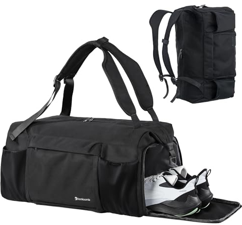 Kookoomia Gym Bag for Men with Shoes Compartment and Wet Pocket Convertible Duffle Bag and Gym Backpack Waterproof Sports Bags for Men with 2 Bottle Holders Multipurpose Weekender Overnight Bag -Black