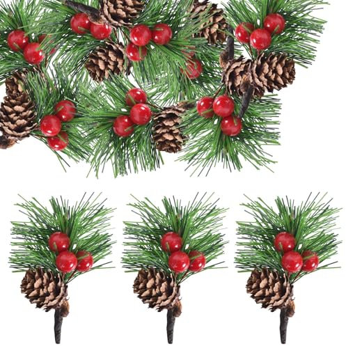 Decorazioni Natalizie - Set da 20 Mini Rami di Pino Artificiali con Bacche Rosse e Pigne, Pini Artificiali, Ideali per Tavole Festive, Alberi di Natale, Casa, Matrimoni e Ghirlande