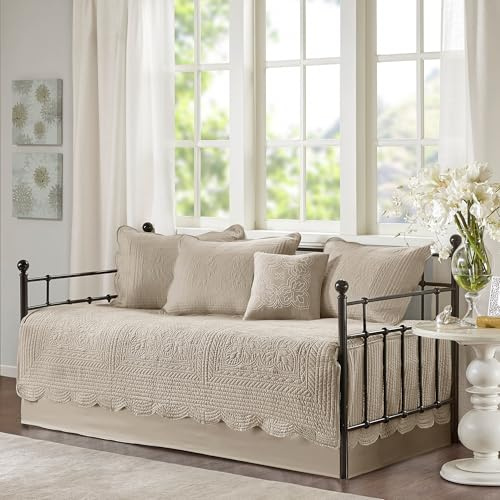 Madison Park Daybed Cover Set Damask Quilted Cover for Daybeds, All Season, Pre-Washed Cotton-Filled Coastal Bedding with Scallop Edge, Shams, Bedskirt, Décor Pillows, Tuscany, Daybed Khaki 6 Piece